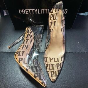PrettyLittleThing Clear PLT Logo Pointed Stiletto Pumps - Beige/Black